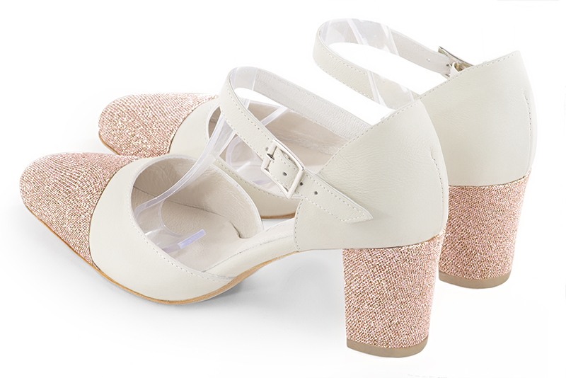 Powder pink and off white women's open side shoes, with an instep strap. Round toe. Medium block heels. Rear view - Florence KOOIJMAN